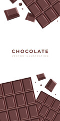 Flyer with flying chocolate bars and pieces of broken milk dark chocolate on a white background. Vector illustration.