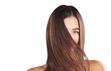 Woman, beauty and face with straight hair, health and care isolated on a transparent png background. Natural hairstyle, portrait and keratin cosmetics in salon treatment, hairdresser and wellness