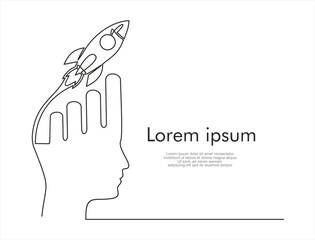 continuous stylized modern drawing of a human head and brain thinking about business growth, thinking about how and where to make money. Time for new opportunities to earn.
