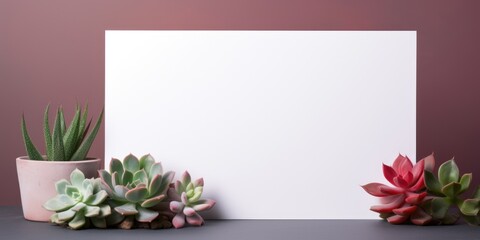 Obraz premium Two succulents and a blank paper on a table.