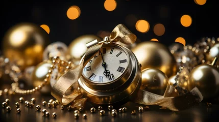 Fotobehang Relógio de alarme preto marcando 2023 e 2024 sobre mesa de madeira, espaço para preparação do conceito Feliz Natal e Próspero Ano Novo. © Alexandre