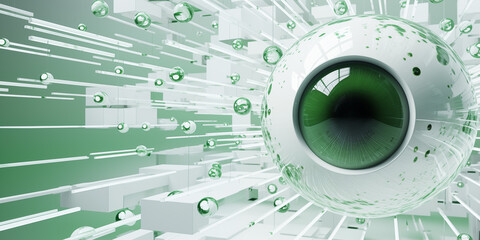AI illustration of surveillance, inspection, monitoring, oberservation, abstract concept, all-seeing eye, eyeball, big brother is watching you, green tones, powerpoint presentation slides background - obrazy, fototapety, plakaty