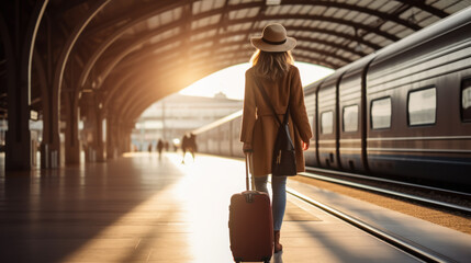 Stylish woman with a suitcase on the station platform. A young traveler is heading on vacation. Travel concept, vacation. - obrazy, fototapety, plakaty