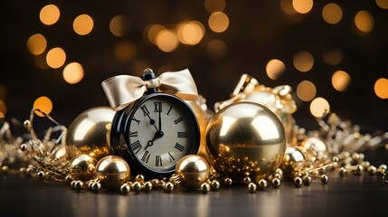 Relógio de alarme preto marcando 2023 e 2024 sobre mesa de madeira, espaço para preparação do conceito Feliz Natal e Próspero Ano Novo. - obrazy, fototapety, plakaty