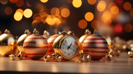 Relógio de alarme preto marcando 2023 e 2024 sobre mesa de madeira, espaço para preparação do conceito Feliz Natal e Próspero Ano Novo. - obrazy, fototapety, plakaty
