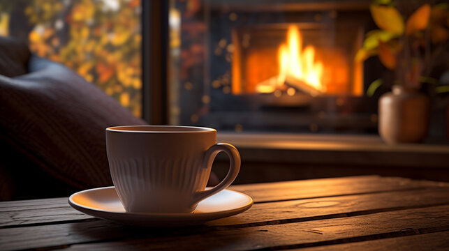 コーヒーと暖炉の画像