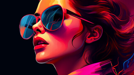 schöne Frau mit Sonnenbrille im Retro Look mit Neonfarben und Platz für Text. Querformat. Generative Ai