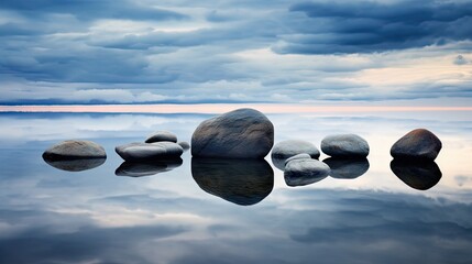 Fototapeta na wymiar a group of rocks sitting in the middle of a body of water with a sky filled with clouds in the background. generative ai