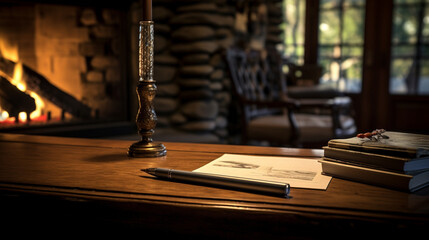 薪ストーブとペンが置いてあるテーブル - obrazy, fototapety, plakaty