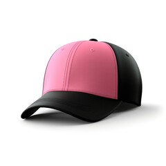 A pink and black baseball cap on a white background.