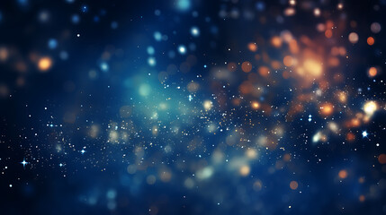 An abstract backdrop with electric blue and silver particles. Celestial starlight shine particles bokeh on a cosmic navy background. Silver foil texture created with AI technology - obrazy, fototapety, plakaty