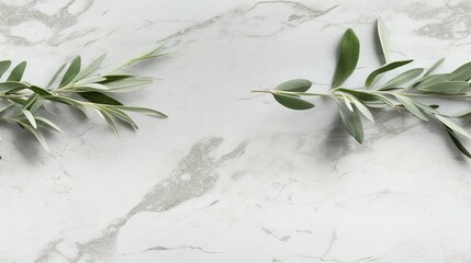  a couple of green leaves sitting on top of a white marble counter top next to a green leafy plant.  generative ai