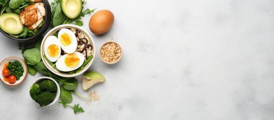 Fototapeta na wymiar Clean and healthy food composed of dark rice eggs avocado spinach and chicken slices are served in ceramic bowls on a light grey background The ingredients used are organic and natural The 