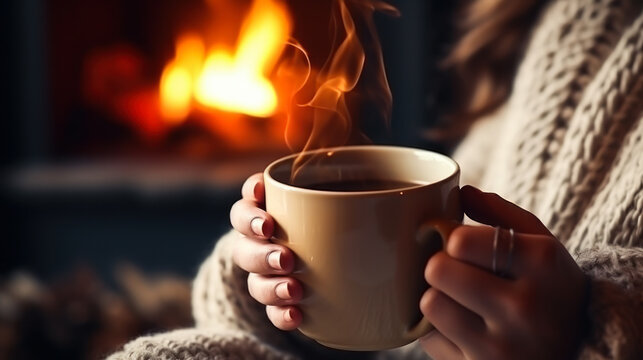Cozy winter photo. Close-up of a woman holding a cup of hot tea in a living room with a fireplace and Christmas tree. The concept of comfort, relaxation.