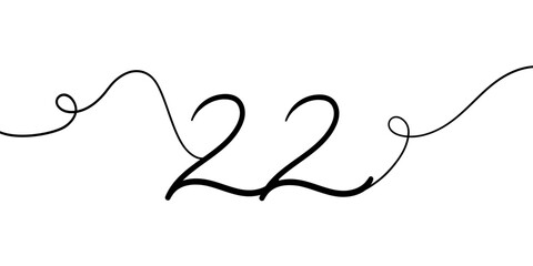 Number 22 line art drawing on white background. 22th birthday continuous drawing contour. Minimal vector illustration
