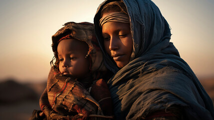 African mother holds her toddler child with love and care. - Powered by Adobe