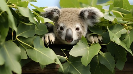 Koala Fofo em uma Árvore de Eucalipto - obrazy, fototapety, plakaty