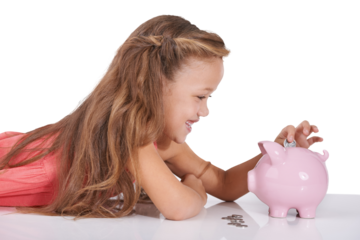 Piggy bank, money and happy girl child with savings on isolated, transparent or png background. Cash, box and excited kid on a floor with budget, invest or coin container for future education funding
