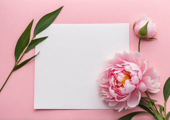 Mockup peonies and a white sheet of paper on a pink background with copy space for your text. Generative AI