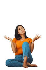 Woman, thinking and question with hands for why, idea and decision on mind on floor. Young model,...