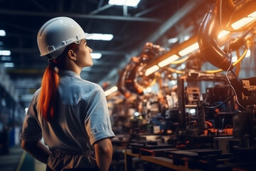 Factory female worker monitoring an assembly line in a industry