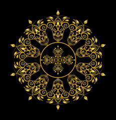 Golden circle floral ornament flower design vector on dark black