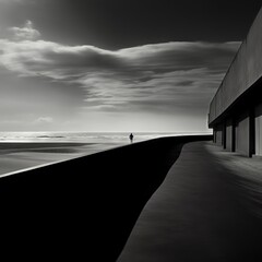 Long vista of a tranquil deserted beachfront at dusk. From the series “Art Film - Black and White."