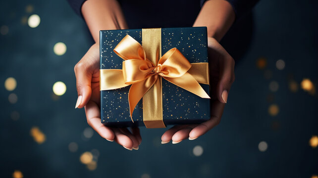 Woman hands holding elegant present gift box with golden ribbon over blue background with confetti. Christmas, New Year, Valentine's Day, Mother day, Father day greeting card. Top view