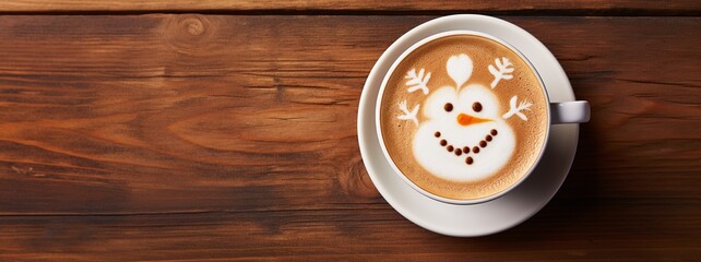 Seasonal funny Snowman Latte Art Coffee on wooden background with copy space, top view.