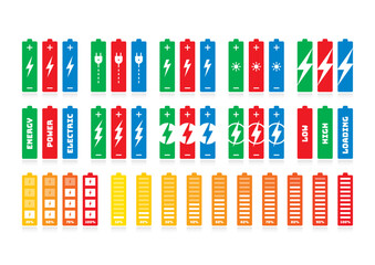 battery set for energy, business, industry. battery concept in percentiles. electric plug battery concept. lightning symbol and battery symbol. 10-100 percent battery concept. green, red, blue battery