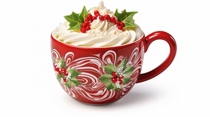 Christmas coffee special, traditional festive coffee latte with top cream in ceramic mug isolated on white background.