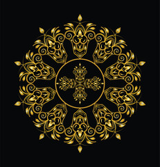 Golden circle floral ornament flower design vector on dark black