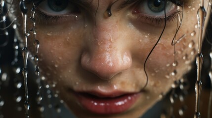 A Close-Up Of a Girl's Face Bead of Sweat Glistening with water drops - obrazy, fototapety, plakaty