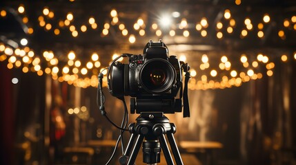 Câmera de Vídeo Moderna com Tela Digital Gravando Entrevista em Estúdio de Programa de TV