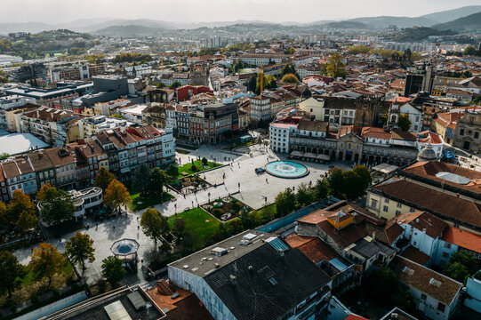 Aerial drone view of historic city of Braga in northern Portugal on a sunny day