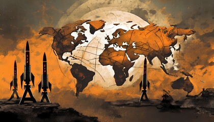 World map with all continents. Planetary catastrophe concept. Atomic war with threatening missiles. Planet Earth in an overheating and rusting atmosphere. Orange colour. - obrazy, fototapety, plakaty