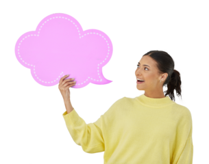 Social media, happy and woman with speech bubble for opinion, advertising and information. Poster, billboard and isolated person for feedback, announcement and voice on png transparent background
