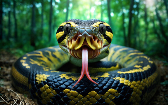 Large Snake Close Up in Forest with Tongue Out