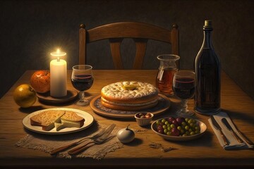 Naklejka premium A still life with wine, bread, cheese, olives and candles