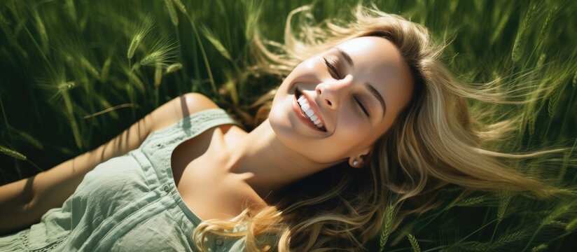 A gorgeous young girl with fair hair is resting on a meadow covered in lush green grass She is outdoors reveling in the beauty of nature This healthy and radiant girl has a joyful smile as s