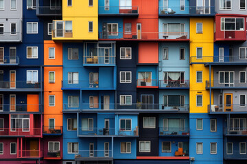 Colored residential building facade with balconies. Bright front view apartments with windows. Real...