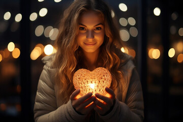 Woman hold glowing heart in hands against blurred background with bokeh lights. Love and romantic emotion concept.