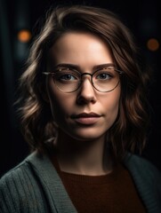 Fototapeta na wymiar Woman wearing glasses in front of a dark background.