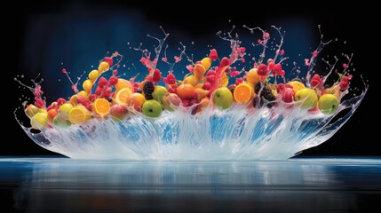  a bunch of fruit splashing out of a bowl of water on a blue surface with a black back ground.  generative ai
