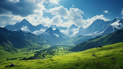 Beautiful natural landscape with green meadows and clear blue sky