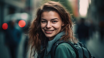 Young woman with a backpack smiling in a city.