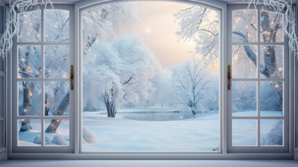  an open window with a view of a snowy landscape and a lake in the distance, with christmas lights on the trees.  generative ai
