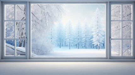  an open window with a view of a snowy forest and a forest - like area with trees outside of it.  generative ai