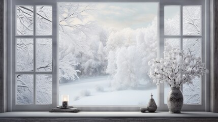  a window with frosted trees outside of it and a candle on the window sill in front of it.  generative ai