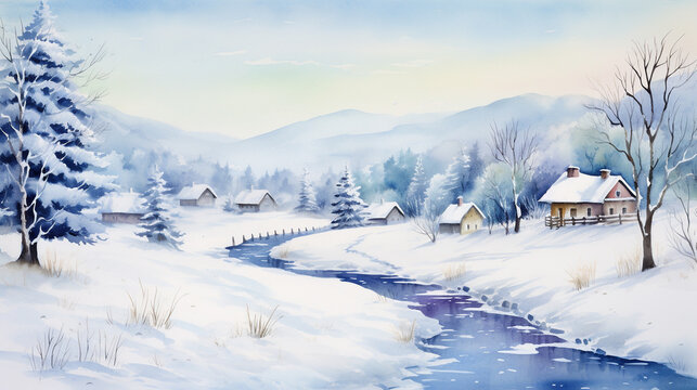 Watercolor painting of snowy landscape in winter with trees, rural houses and frozen river. Beautiful artistic image for poster, wallpaper, art print. 